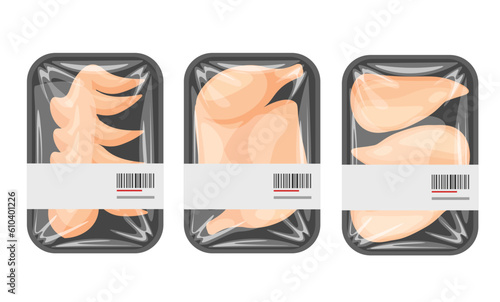 Set of frozen, fresh chicken meat in polyethylene package. Plastic pack supermarket container with turkey breast, legs. Vector illustration template.