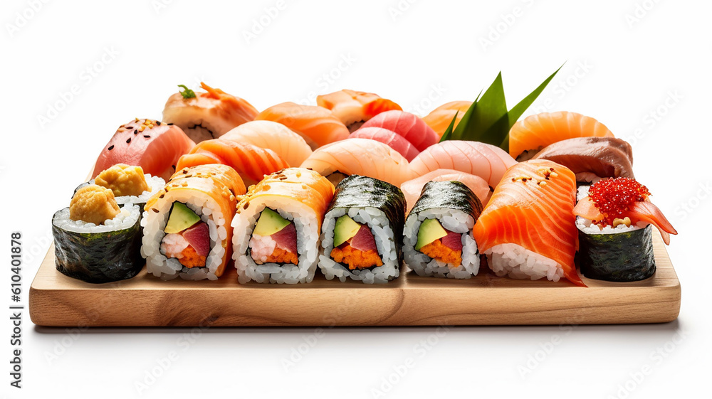 delicious japanese set with sushi and rolls with salmon and tuna fish on a white background.Generative AI delicious japanese set with sushi and rolls with salmon and tuna fish on a white background.Generative AI
