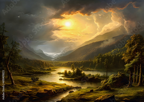 beautiful paradise landscape with misty atmosphere and sunlight at golden hour, painting illustration wallpaper