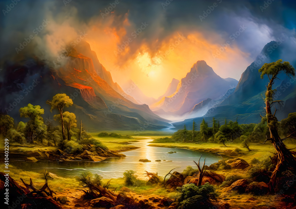 dramatic paradise landscape with a waterfall in misty atmosphere and sunlight at golden hour, painting illustration wallpaper