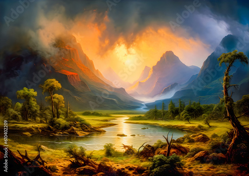 dramatic paradise landscape with a waterfall in misty atmosphere and sunlight at golden hour, painting illustration wallpaper