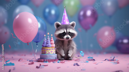 cute fluffy raccoon with cake and candles for birthday celebration with balloons .Generative AI