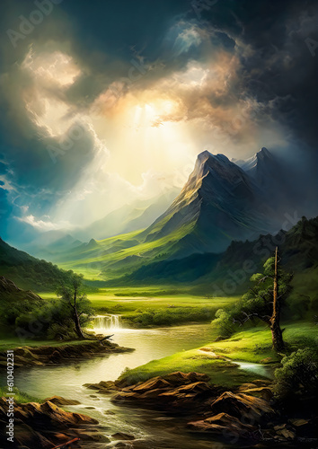 dramatic paradise landscape with misty atmosphere and sunlight at golden hour, painting illustration wallpaper