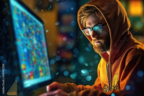 Hipster in a hoodie behind a computer dealing with bitcoins. 