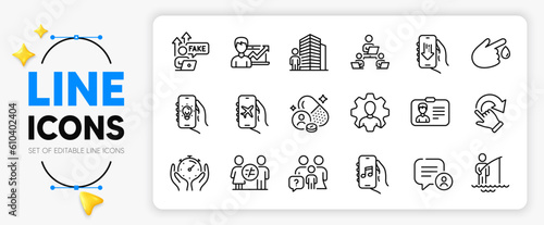 Success business, Agent and Blood donation line icons set for app include Download app, Flight mode, Music app outline thin icon. Timer, Chat bubble, Fake internet pictogram icon. Vector