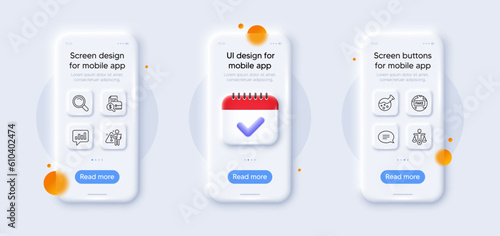 Chemistry lab, Ethics and Search line icons pack. 3d phone mockups with calendar. Glass smartphone screen. Accounting report, Chat, Search employee web icon. Vector