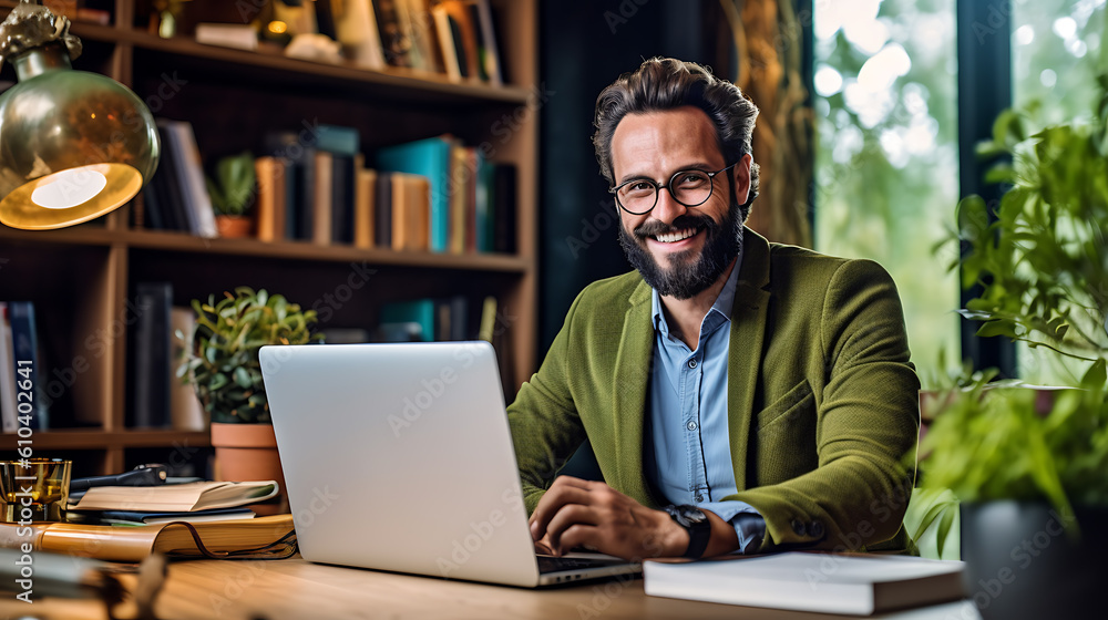 Middle aged businessman smiling into a camera while using his laptop in home office.?reated with Generative AI technology. Middle aged businessman smiling into a camera while using his laptop in home office.?reated with Generative AI technology.