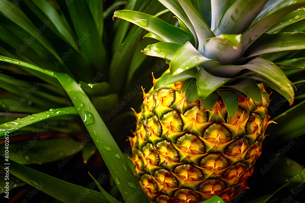 Fototapeta premium A fresh pinapple tree. Growing tropical fruit with symmetrical pattern. Sweet and sour fruit, Pineapple plantation, made with generated ai.