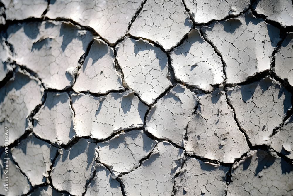 Obraz premium Dried cracked earth soil ground texture background. Mosaic pattern of sunny dried earth soil. made with generated ai.