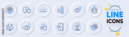 Emergency call, Pandemic vaccine and Recovered person line icons for web app. Pack of Low thermometer, Coronavirus lungs, Veins pictogram icons. Improving safety, Shield, Check eye signs. Vector