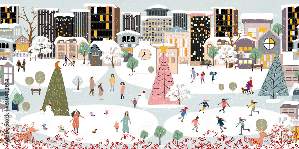 Winter Landscape Background,Christmas night in City,Vector banner cute Winter Wonderland in the town,People celebration in the park on New Year,Banner Design for Merry Christmas,New year 2024 card