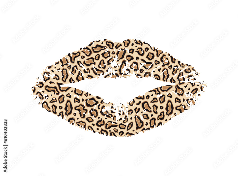 Obraz premium Female lips stylized as a leopard skin. Kiss jaguar isolated on white background for design prints. Animal skin lipstick pucker. Mouth mark. Silhouette fur safari. Cute graphic. Vector illustration
