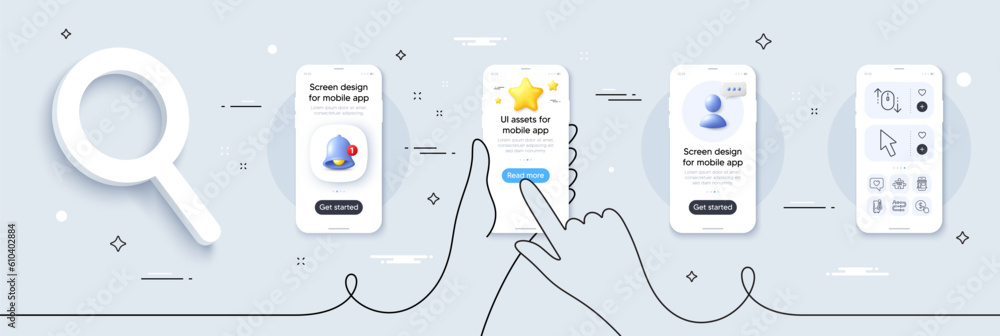Refrigerator, Cursor and Quick tips line icons pack. Phone screen mockup with 3d star, alert and chat message. Journey path, Scroll down, Marketplace web icon. Vector Refrigerator, Cursor and Quick tips line icons pack. Phone screen mockup with 3d star, alert and chat message. Journey path, Scroll down, Marketplace web icon. Vector