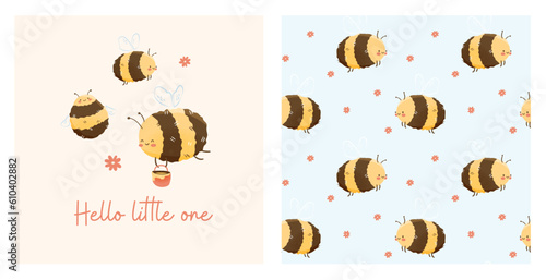 LITTLE BEE - cute bees with honey, semless pattern, vector illustration, flowers, childish, kid, garden party, cartoon animals, baby collection,  clothes, t-shirts, wrapping, fabric, textiles