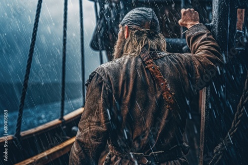 Dramatic Back View of a Viking Ship Sailing through Heavy Rain
