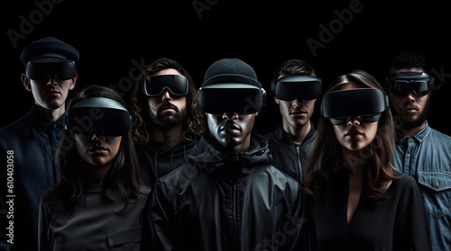 A multicultural group of stylish young people wearing virtual reality goggles against black background . Created with Generative AI technology.