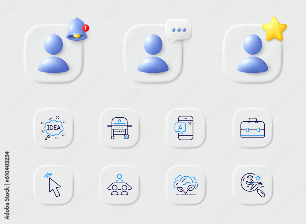 Cursor, Co2 gas and Portfolio line icons. Placeholder with 3d star, reminder bell, chat. Pack of Ab testing, Idea, Interview job icon. Search flight, Gas grill pictogram. For web app, printing. Vector Cursor, Co2 gas and Portfolio line icons. Placeholder with 3d star, reminder bell, chat. Pack of Ab testing, Idea, Interview job icon. Search flight, Gas grill pictogram. For web app, printing. Vector