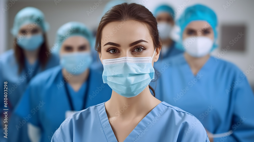 Close-up portrait of a caucasian female nurse surrounded by colleagues.?reated with Generative AI technology. Close-up portrait of a caucasian female nurse surrounded by colleagues.?reated with Generative AI technology.