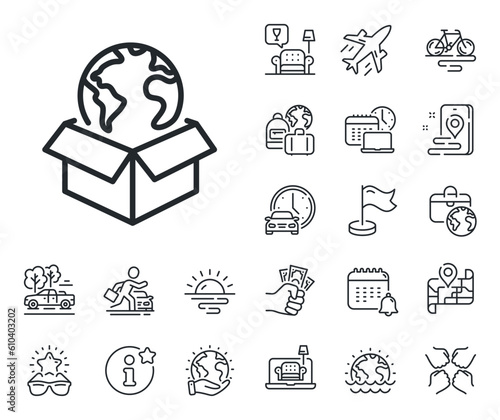 Delivery service sign. Plane jet, travel map and baggage claim outline icons. Global business line icon. Internet marketing symbol. Delivery service line sign. Car rental, taxi transport icon. Vector