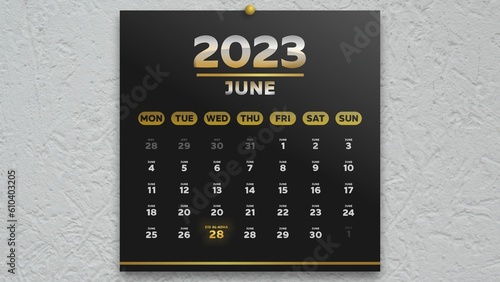 A beautiful black June page of the calendar 2023 and Eid al-Adha date marked with gold