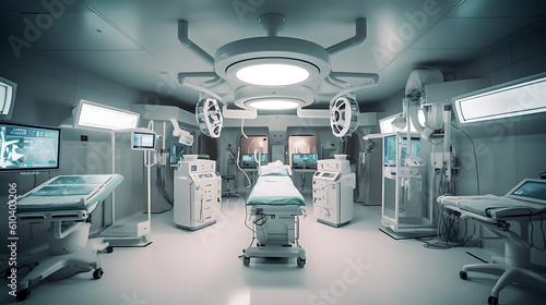 Interior of modern a modern hospital operating room. Created with Generative AI technology. © MP Studio