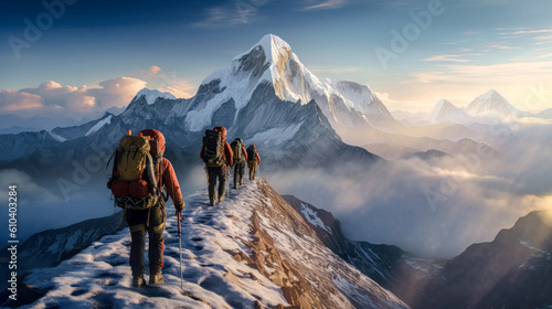 Illustration of Mountaineering Expedition in the High Mountains over Five Thousand Metres Generative AI Digital Art Background Wallpaper photo