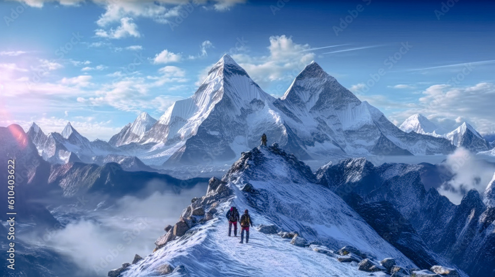 Obraz premium Illustration of Mountaineering Expedition in the High Mountains over Five Thousand Metres Generative AI Digital Art Background Wallpaper