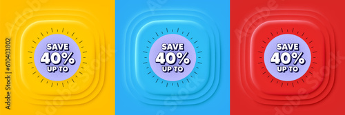 Sale offer noise grain banner. Neumorphic offer banner, flyer or poster. Save 40 percentage discount coupon. Price offer tag icon. Discount offer promo event banner. 3d square buttons. Vector