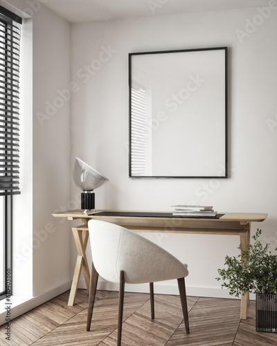 Mockup poster frame on the wall of living room. Luxurious apartment background with contemporary design. Modern interior design. 3D render, 3D illustration