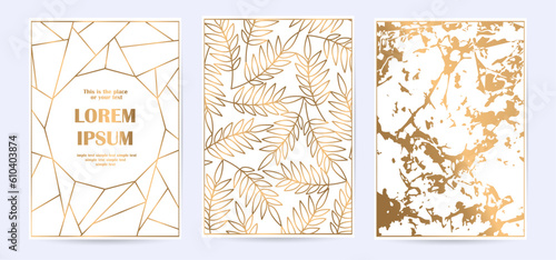 Set luxury wedding invitation cards with gold marble texture, flower elements and geometric pattern vector design template. Gold line. Template for postcards, banner, brochures, background, cover.