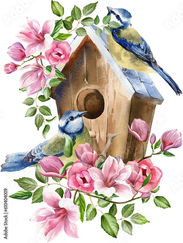 Valokuvatapetti Watercolor birdhouse illustration