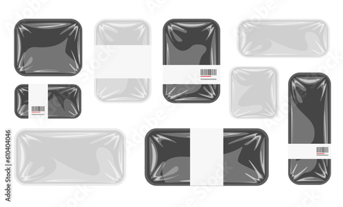 Set of transparent black and white plastic food container. Empty product tray box pack. Vector tray with cellophane cover. Template or mockup.