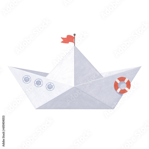White folded paper boat with red flag and lifebuoy, hand drawn illustration, transparent background, png
