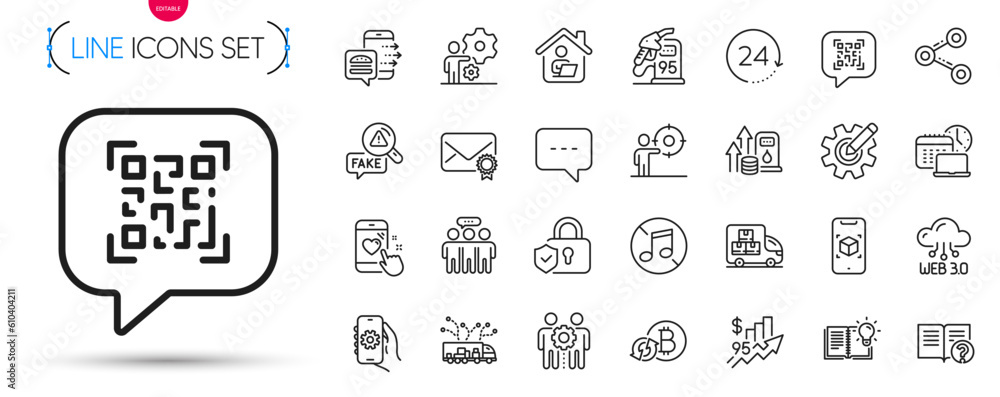 Pack of Fuel price, Fake news and Work home line icons. Include Job, Work time, Employees group pictogram icons. Augmented reality, 24 hours, No music signs. Security lock. Vector Pack of Fuel price, Fake news and Work home line icons. Include Job, Work time, Employees group pictogram icons. Augmented reality, 24 hours, No music signs. Security lock. Vector