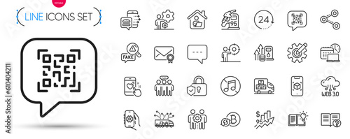 Pack of Fuel price, Fake news and Work home line icons. Include Job, Work time, Employees group pictogram icons. Augmented reality, 24 hours, No music signs. Security lock. Vector