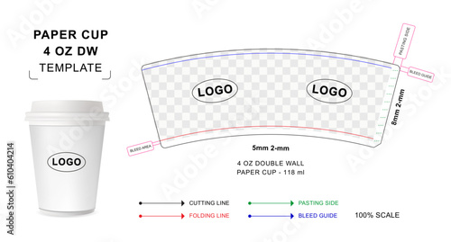 Paper cup die cut template for 4 ounce Double Wall that includes a blank 3d vector mockup used for hot drinks such as coffee, tea, latte and cappuccino	