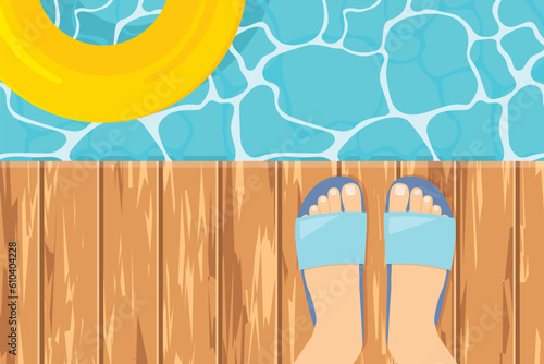 feet in flip flops standing by the swimming pool- vector illustration