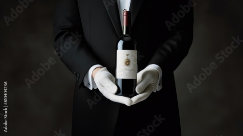 Elegance personified: a butler gracefully holding a wine bottle photo
