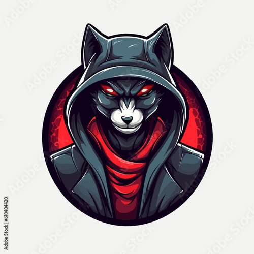 Hooded cat with red background, hacker logo
