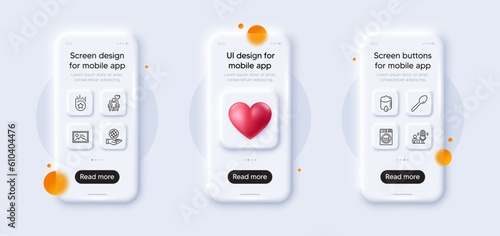 Drop counter, Laundry and Loyalty star line icons pack. 3d phone mockups with heart. Glass smartphone screen. Safe planet, Photo, Podcast web icon. Friendship, Spoon pictogram. Vector