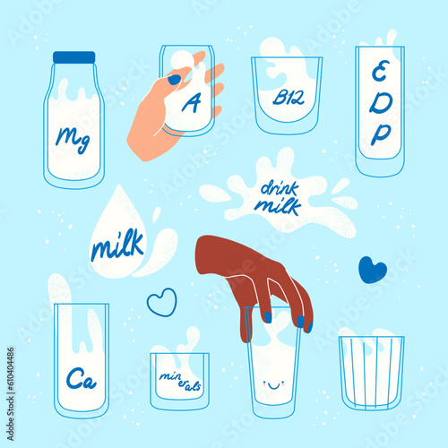 Glasses of milk set. Diverse hands holding containers with white liquid. Dairy product nutrition. Flat modern vector illustration isolated on blue background