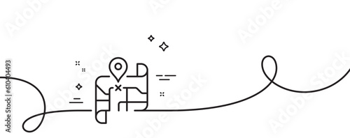 Map line icon. Continuous one line with curl. Road trip sign. Journey route distance symbol. Map single outline ribbon. Loop curve pattern. Vector