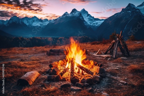 camp fire in the mountains in the background covered with now