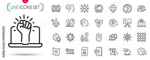 Pack of Online accounting, Wind energy and Empower line icons. Include Voting ballot, Support, Select alarm pictogram icons. Density, Web3, Video conference signs. Partnership. Vector