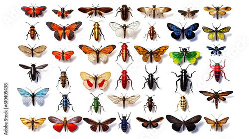 Different insects, bugs types collection photo realistic. isolated transparent background, generative ai