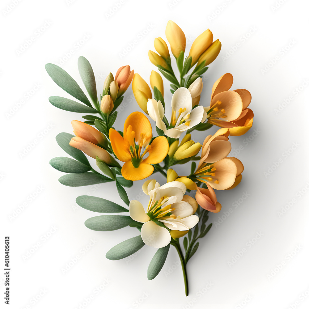 Obraz premium Bouquet of freesia flower plant with leaves isolated on white background. Flat lay, top view. macro closeup