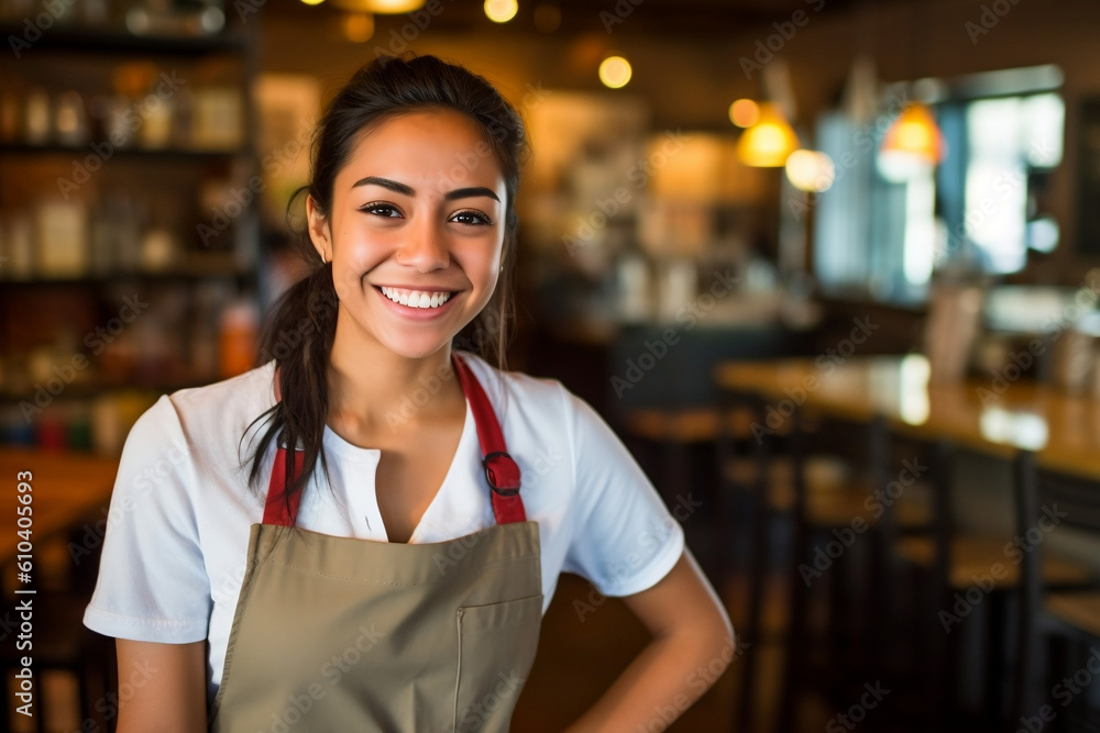 latina waitress at a local cafe smiling into the camera - Generative AI - obrazy, fototapety, plakaty 