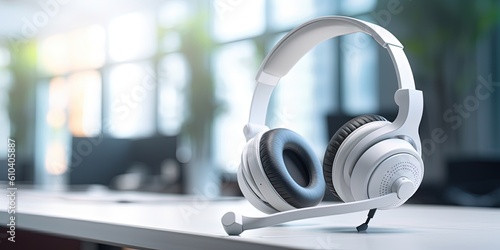 Close - up of white empty call center desktop operator workspace, focused on headset. Representing corporate customer service support and telesales communication technology.