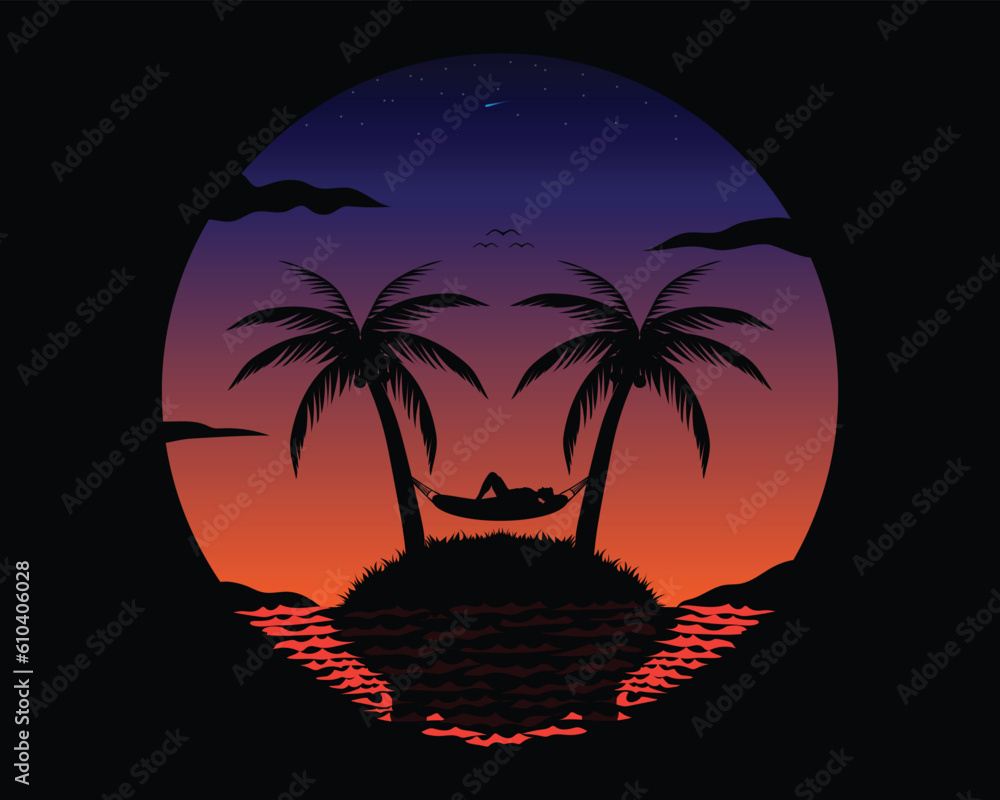 vector design of an evening scene with a man sleeping between two coconut trees on a very small island in the middle of the sea with a view of a sky full of stars