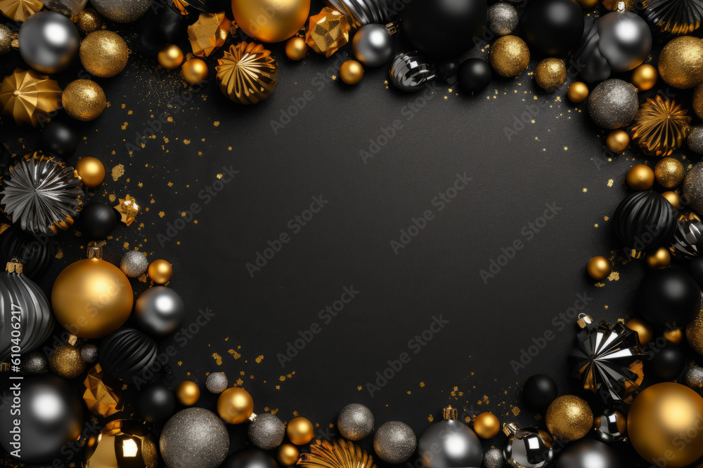 Gold and black Christmas decor background. Generative AI Gold and black Christmas decor background. Generative AI